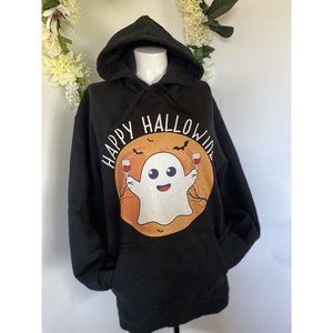 Happy Hallowine Wine Vino Lover Funny Humor Hoodie Pullover Black Sz Large Ghost